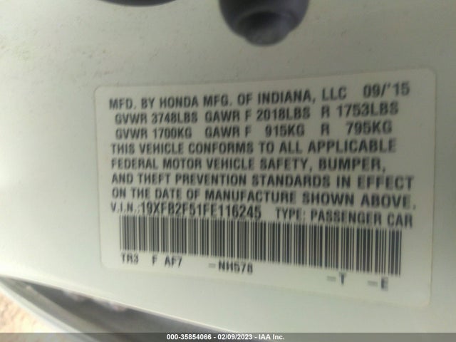 2015 HONDA CIVIC SEDAN LX VIN: 19XFB2F51FE116245
