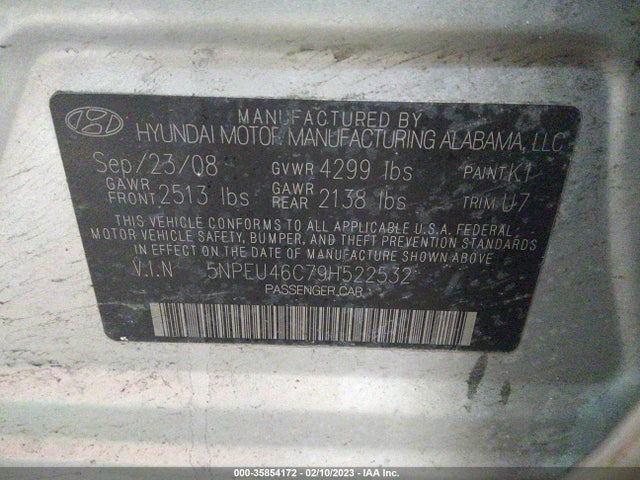2009 HYUNDAI SONATA LIMITED VIN: 5NPEU46C79H522532
