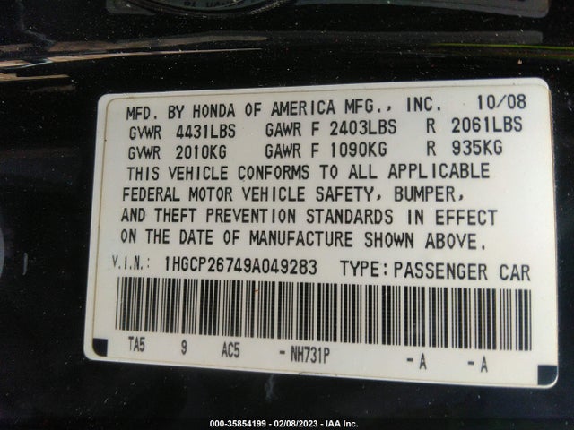 2009 HONDA ACCORD SDN EX VIN: 1HGCP26749A049283