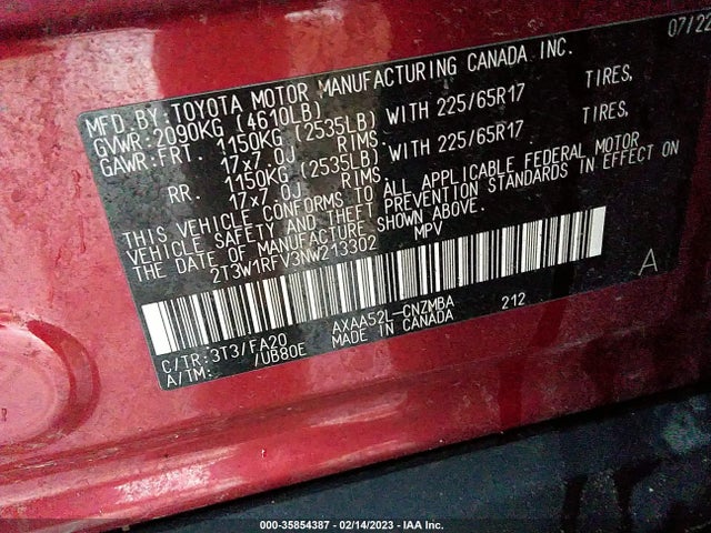 2022 TOYOTA RAV4 XLE VIN: 2T3W1RFV3NW213302