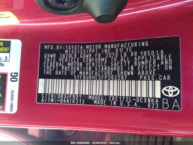 2015 Toyota Corolla, VIN: 5YFBURHE5FP262287