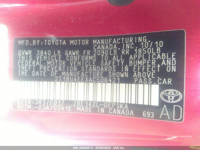 2010 TOYOTA COROLLA VIN: 2T1BU4EEXAC506421