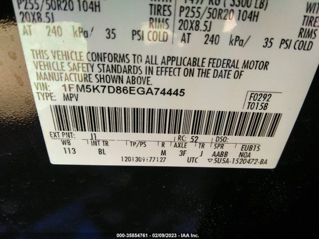 2014 FORD EXPLORER XLT VIN: 1FM5K7D86EGA74445