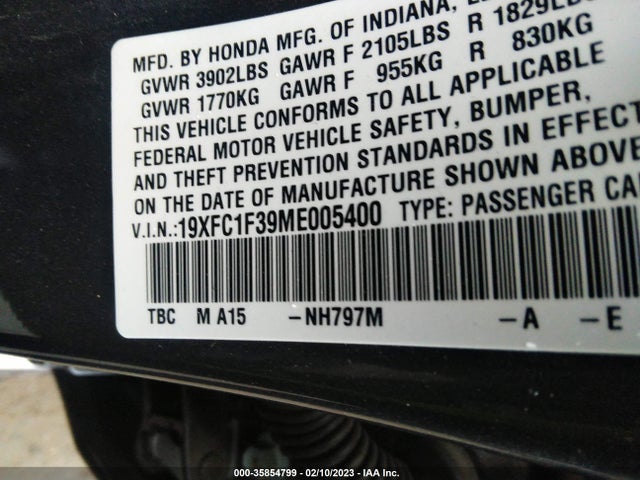 2021 HONDA CIVIC SEDAN EX VIN: 19XFC1F39ME005400