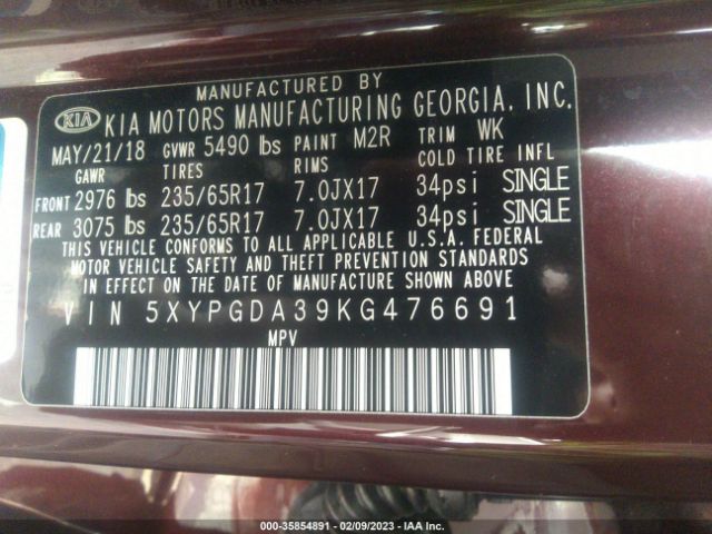 5XYPGDA39KG476691 KIA SORENTO LX