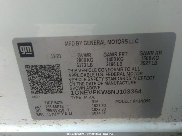 2022 Chevrolet Traverse, VIN: 1GNEVFKW8NJ103364