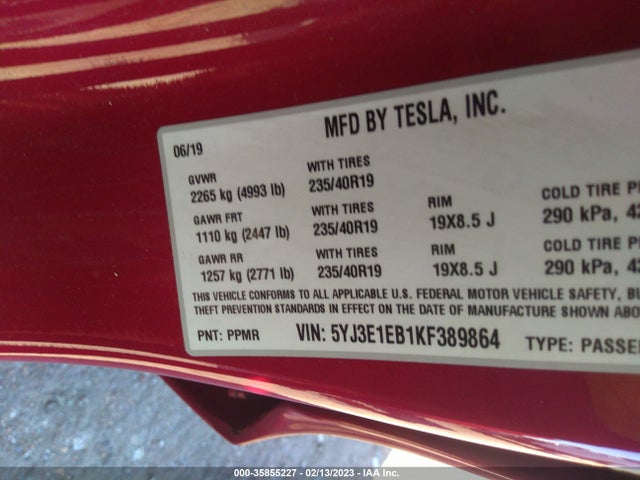 Tesla Model 3 Long Range/performance 2019 5YJ3E1EB1KF389864 Image 9