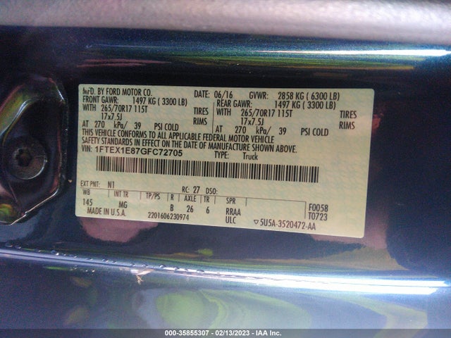 2016 Ford F-150, VIN: 1FTEX1E87GFC72705