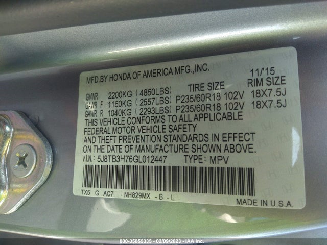 2016 Acura RDX, VIN: 5J8TB3H76GL012447