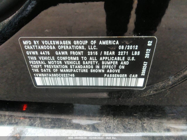 1VWBH7A39DC022745 Volkswagen Passat Se W/sunroof