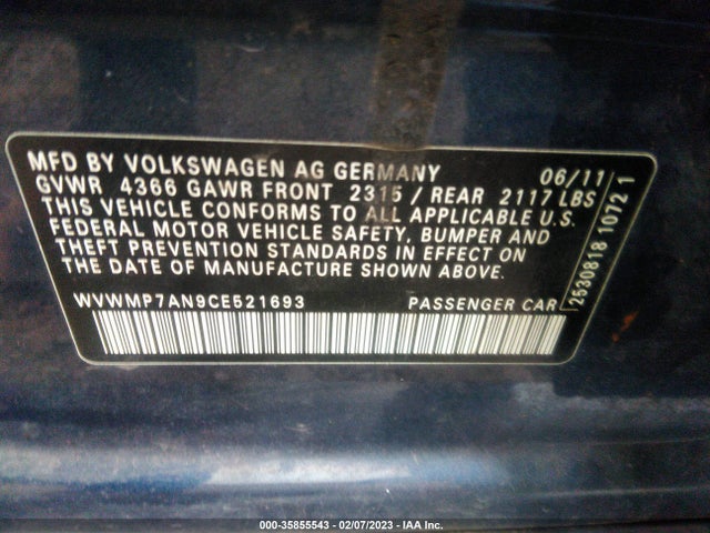 WVWMP7AN9CE521693 Volkswagen Cc Sport Pzev