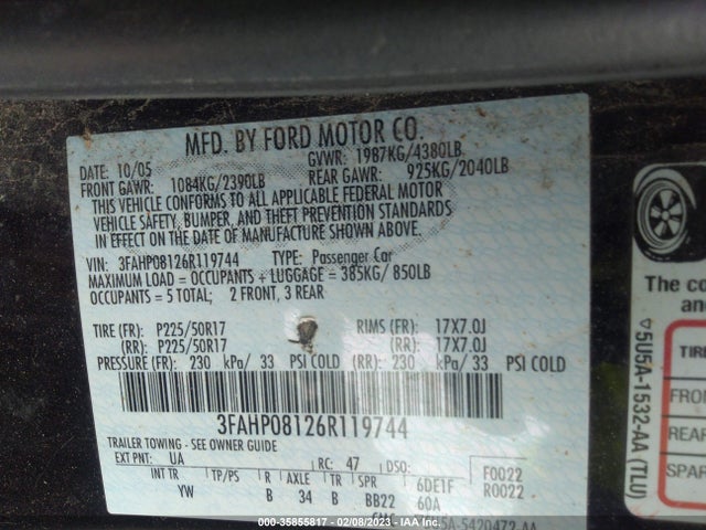 2006 FORD FUSION SEL VIN: 3FAHP08126R119744