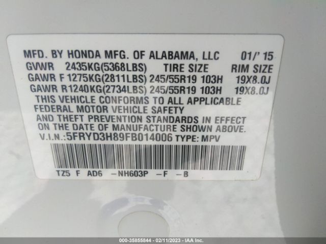 5FRYD3H89FB014006 Acura Mdx Advance/entertainment Pkg