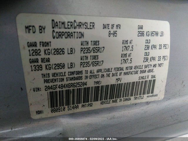 Chrysler Pacifica 2006 2A4GF484X6R625204 Image 10