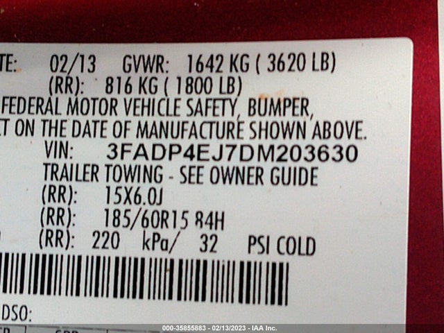 2013 FORD FIESTA SE VIN: 3FADP4EJ7DM203630
