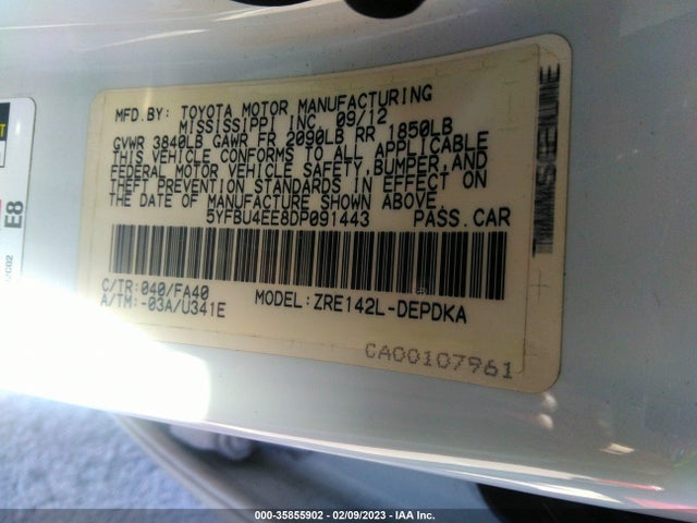 35855902 :رقم المزاد ، 5YFBU4EE8DP091443 vin ، 2013 Toyota Corolla L/le/s مزاد بيع