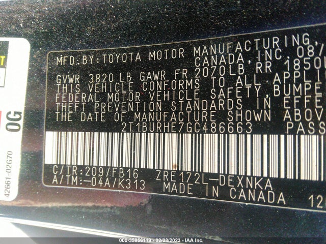 2016 TOYOTA COROLLA L/LE/S/S PLUS/LE PLUS VIN: 2T1BURHE7GC486663