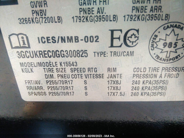 Продаж на аукціоні авто 2016 Chevrolet Silverado 1500 Lt, vin: 3GCUKREC0GG300825, номер лоту: 35856128