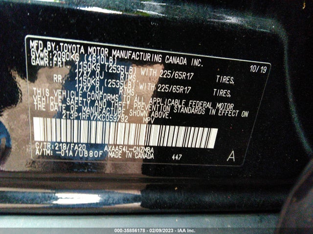 2019 TOYOTA RAV4 XLE VIN: 2T3P1RFV7KC059792
