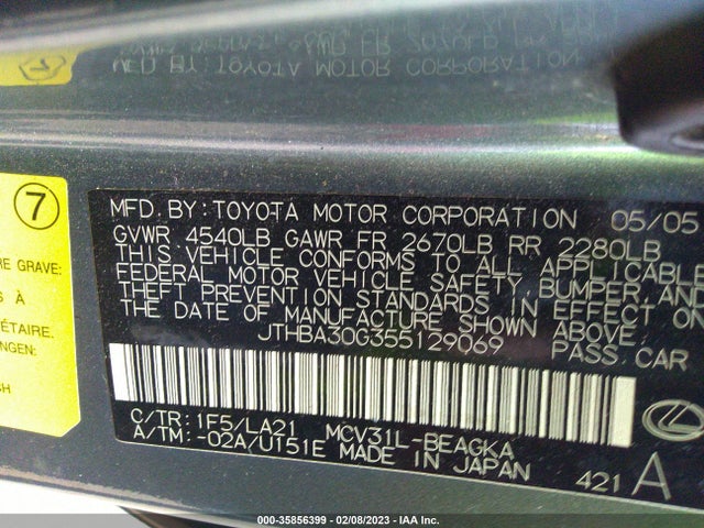 Lexus ES 330 2005 JTHBA30G355129069 Image 10