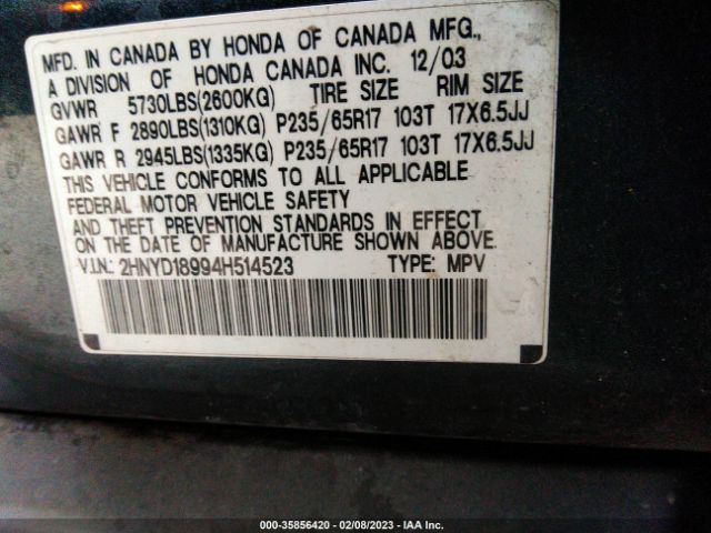 2HNYD18994H514523 Acura Mdx Touring Pkg Res W/nav