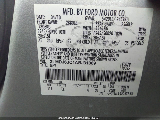 Lincoln MKX 2010 2LMDJ6JC1ABJ31089 Image 9