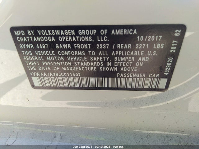 2018 Volkswagen Passat, VIN: 1VWAA7A36JC011407