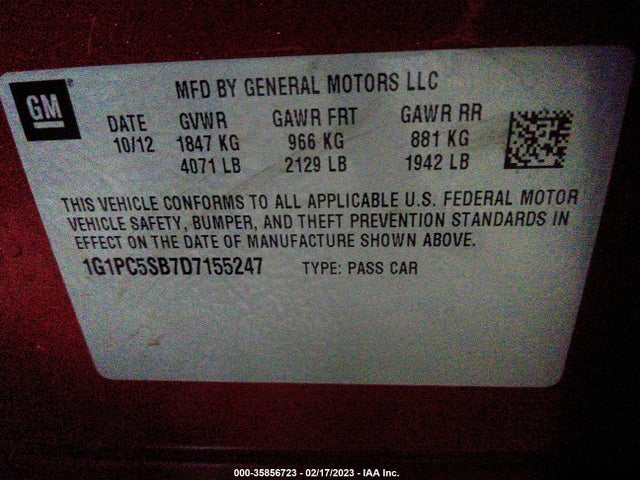 2013 CHEVROLET CRUZE 1LT VIN: 1G1PC5SB7D7155247