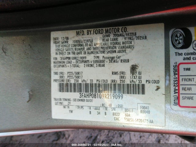2009 FORD FUSION SEL VIN: 3FAHP08109R219099
