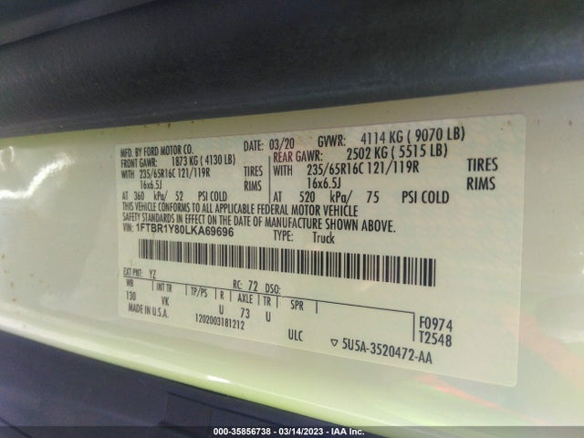 Ford TRANSIT CARGO VAN 2020 1FTBR1Y80LKA69696 Image 11