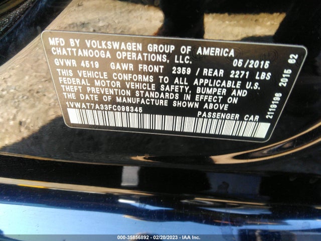 1VWAT7A33FC098345 Volkswagen Passat 1.8t Wolfsburg Ed