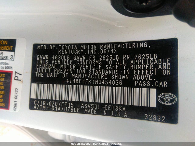 2017 Toyota Camry, VIN: 4T1BF1FK1HU454036