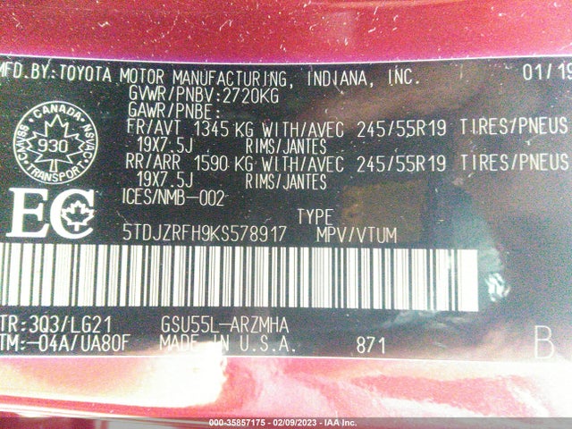 Toyota Highlander Se/xle 2019 5TDJZRFH9KS578917 Image 9
