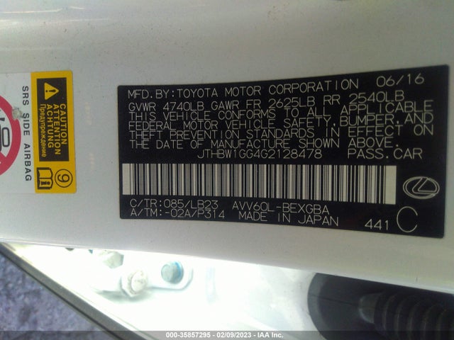 JTHBW1GG4G2128478 Lexus Es 300h Hybrid