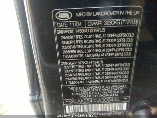 Land Rover LR3 2005 SALAA254X5A309445 Image 10