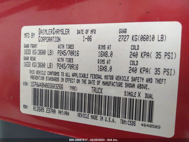 Dodge DAKOTA SLT 2006 1D7HW48N06S603266 Image 11