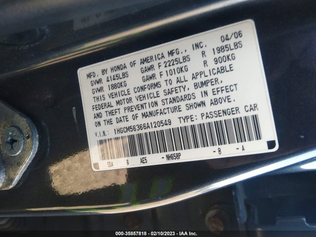 2006 HONDA ACCORD SDN LX SE VIN: 1HGCM56366A120549
