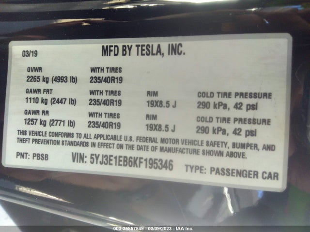 Tesla Model 3 Long Range/performance 2019 5YJ3E1EB6KF195346 Image 9