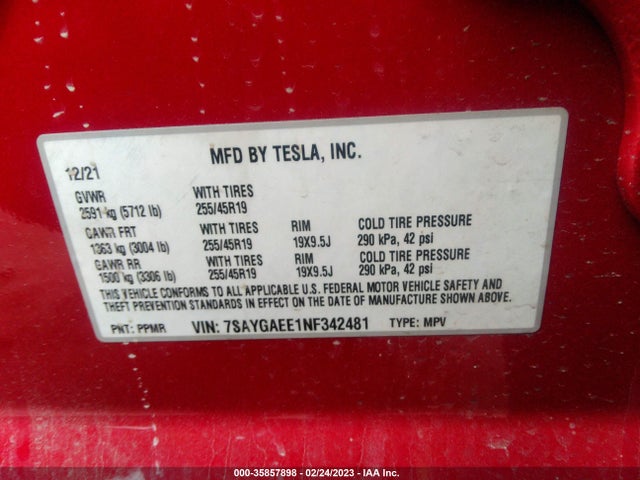 2022 TESLA MODEL Y LONG RANGE VIN: 7SAYGAEE1NF342481