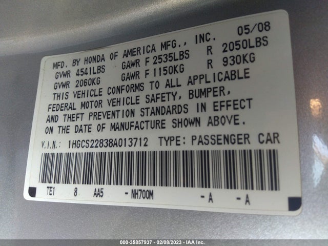 2008 HONDA ACCORD CPE EX-L VIN: 1HGCS22838A013712