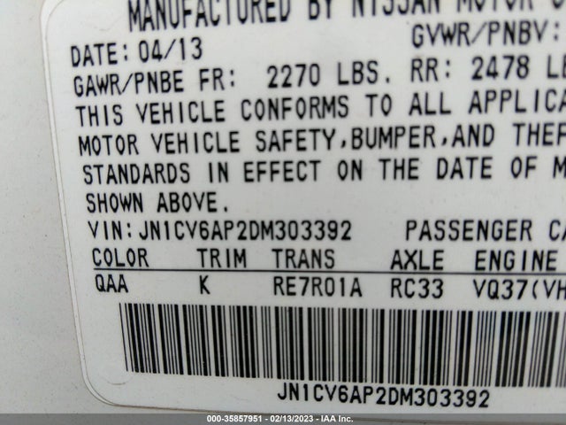 2013 INFINITI G37 SEDAN JOURNEY VIN: JN1CV6AP2DM303392