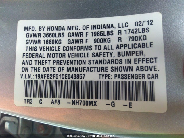 2012 HONDA CIVIC SDN LX VIN: 19XFB2F51CE043857