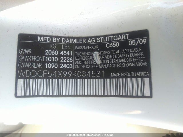 2009 MERCEDES-BENZ C-CLASS 3.0L VIN: WDDGF54X99R084531