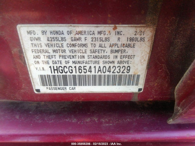 2001 HONDA ACCORD SDN EX W/LEATHER VIN: 1HGCG16541A042329