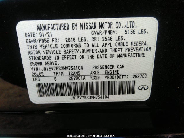 2021 Infiniti Q50 3.0t Luxe მანქანა იყიდება აუქციონზე, vin: JN1EV7BR3MM754104, აუქციონის ნომერი: 35858299