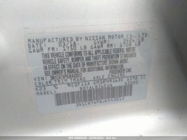 3N1CN7AP8JK443013 Nissan Versa Sedan Sv
