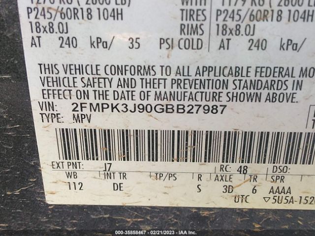 2FMPK3J90GBB27987 Ford EDGE SEL