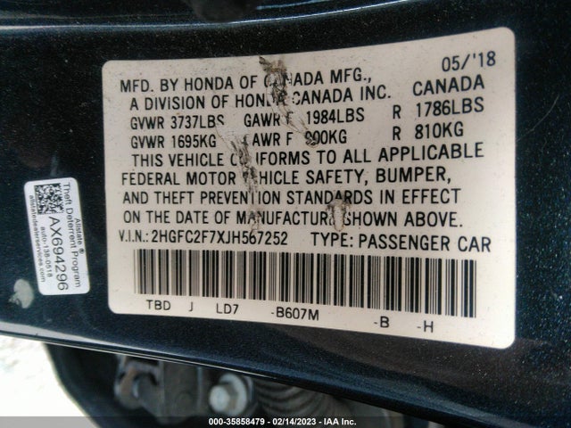 Honda Civic Sedan Ex 2018 2HGFC2F7XJH567252 Image 10