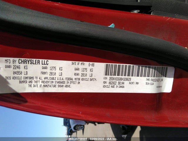 2008 DODGE CHARGER SXT VIN: 2B3KA33G88H328629