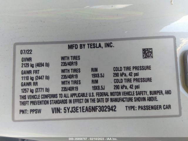 5YJ3E1EA6NF302942 Tesla MODEL 3